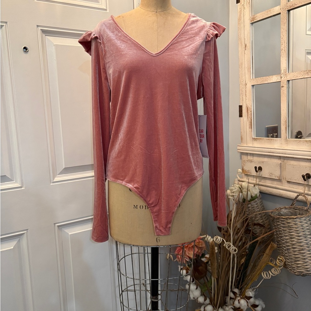 Elegant Celebrity Pink Long Sleeve‎ Velvet Women's Bodysuit XL NWT